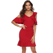 2020 OEM ODM Evening Clubwear With Sleeve Ruffle Red Short Prom Dresses Girl